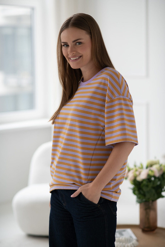 Mamahood Těhotenské a kojící tričko Milk&Love medové a lila pruhy - pohodlné a stylové