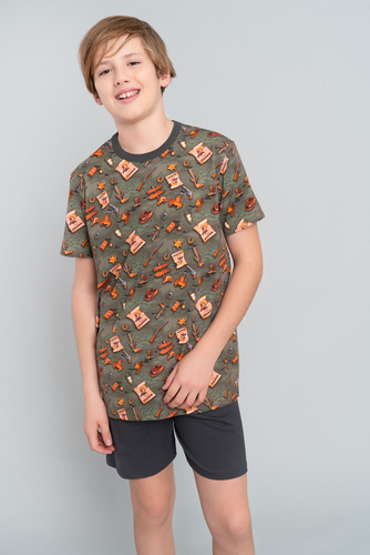 Westernové chlapecké pyžamo s krátkým rukávem, kalhoty Italian Fashion - olivová/grafitová barva
