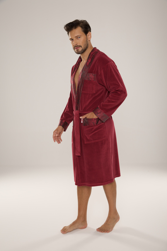 868 Noblesní pánský velurový župan De Lafense - elegantní, měkký, prémiový, vínový