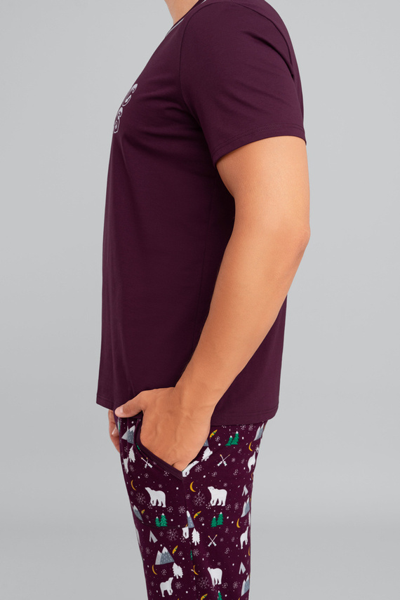 Manfred Pánské pyžamo s krátkým rukávem, dlouhé kalhoty Italian Fashion- bordó/print bordó