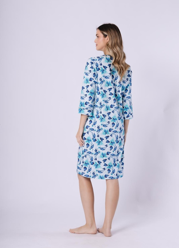 Noční košile Julita 1742 Leveza tyrkysová – 100% bavlna, květiny, rukáv 3/4