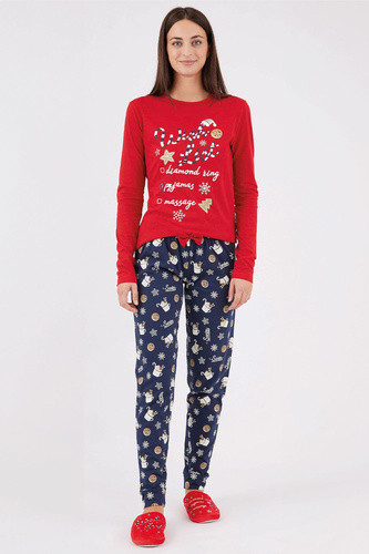 Natalie Sorbetto červená - dámské dlouhé bavlněné vánoční pyžamo se sněhovými vločkami