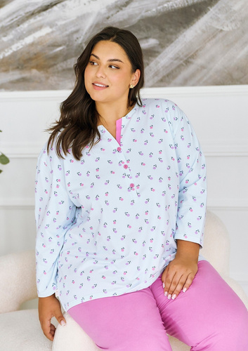 3462 Yolanda Taro dámské pyžamo modré - viskózová košile 7/8, bavlněné kalhoty