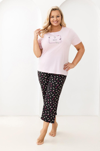733 Růžové pyžamo Regina - bavlna, krátké rukávy, půlkulatý výstřih, potisk na přední straně