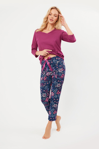 Folk Dámské pyžamo 3/4 rukávy, 7/8 kalhoty Italská móda - ostružina/potisk