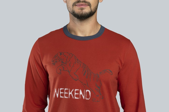 Lion Pánské pyžamo s dlouhým rukávem, kalhoty Italian Fashion - červená/grafitová