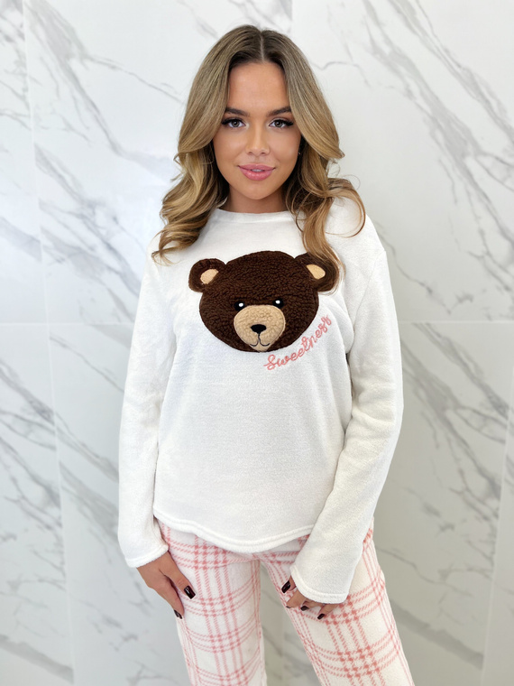 Madlen Dámské pyžamo Sorbetto ecru - fleece, s výšivkou medvídka a kostkovanými kalhotami