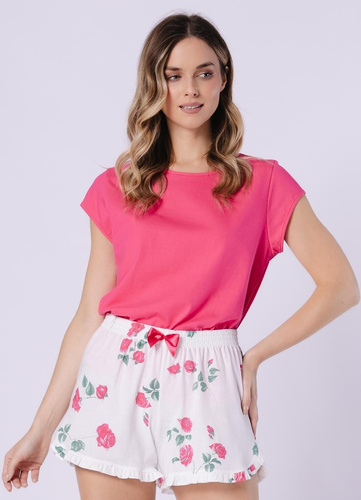 Dámské pyžamo 1724 Valencia Leveza rubín - vysoce kvalitní bavlněné pyžamo s krátkými rukávy, vzorovanými šortkami, saténovou mašlí a ozdobným volánem