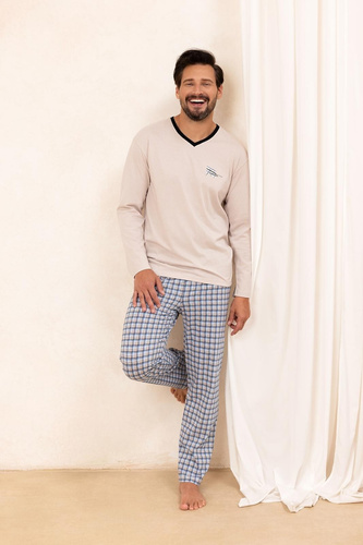 Pánské pyžamo Regina 491 béžové - bavlněné, s dlouhým rukávem, pohodlné a klasické