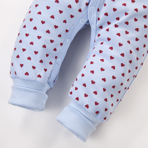 Dětský overal Love Eevi bez chodidel modrý se srdíčky 100% bavlna