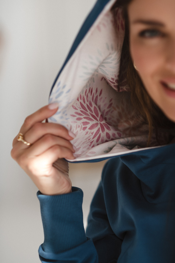 Milk Please Těhotenská a kojící halenka Jeans Blue s kapucí - Milk&Love, polská výroba