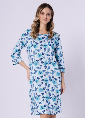 Noční košile Julita 1742 Leveza tyrkysová – 100% bavlna, květiny, rukáv 3/4