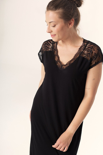 Noční košile Petra KB59 Mefemi Nipplex černá - viskóza, krajka, krátký rukáv, pod kolena