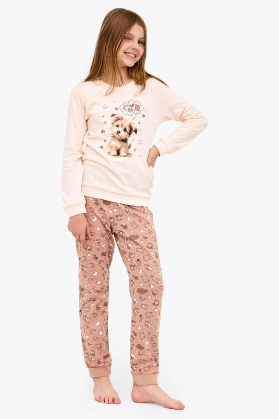 592/193 Sweet Dog Cornette - dívčí pyžamo v barvě ecru, 100% bavlna, pejsek