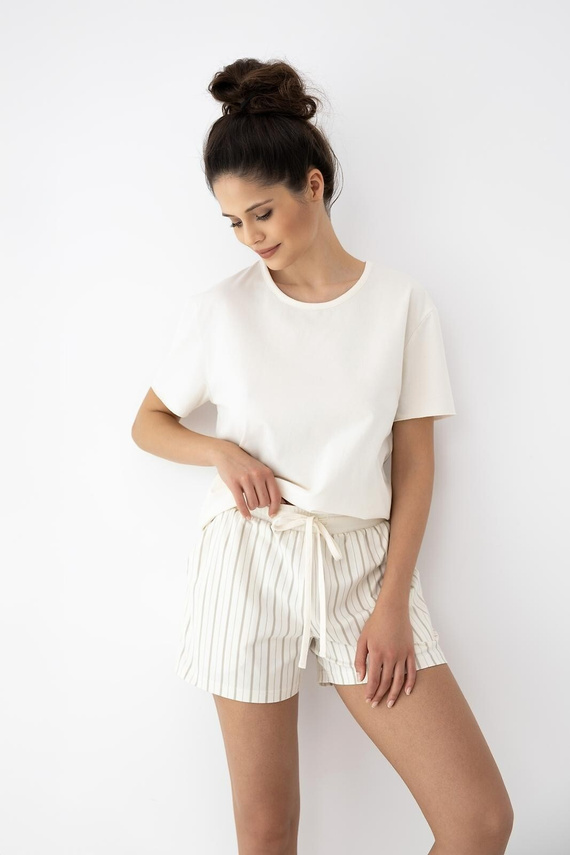 Dámské pyžamo Jemma Sensis ecru/béžové, bavlna, krátký rukáv, proužky