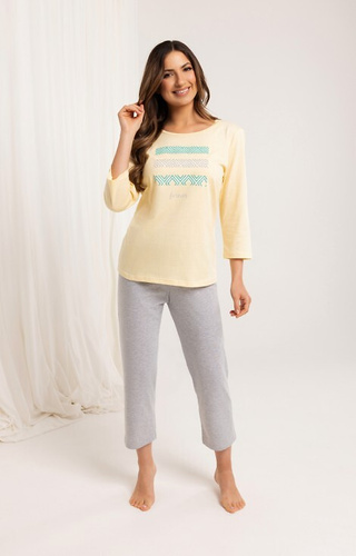 709 Dámské bavlněné žluté pyžamo - 3/4 rukáv, 3/4 kalhoty, barevný potisk