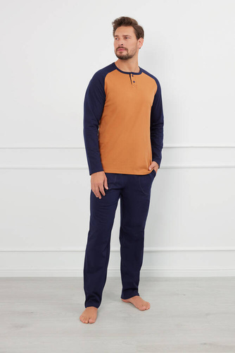 Alexander Pánské pyžamo s dlouhým rukávem a dlouhými kalhotami Italian Fashion - cognac/grenade