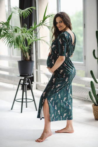 Sukienka ciążowa i do karmienia Two Ways LONG Milk&Love butelkowa zieleń w gałązki