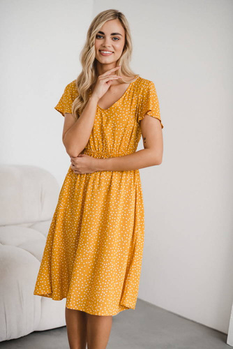 Lovely Dress Midi sukienka ciążowa i do karmienia krótki rękaw Milk&Love musztardowy w groszki