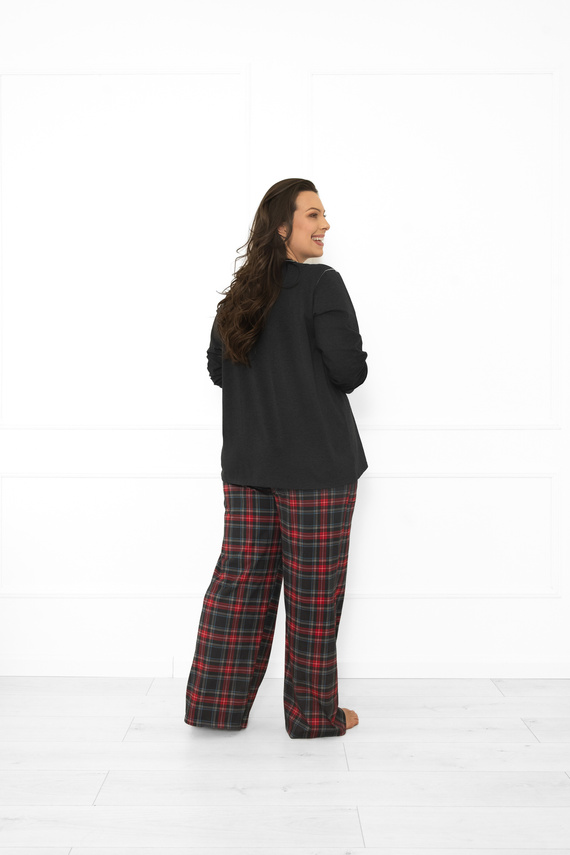 Italská móda dámské pyžamo tmavě melanžové, bavlna, dlouhý rukáv a kalhoty, kostkované