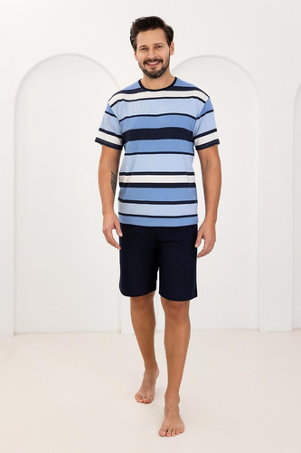 Pánské pyžamo 501 Regina blue - 100% bavlna, stylové pruhy, krátký rukáv + šortky, ideální na léto