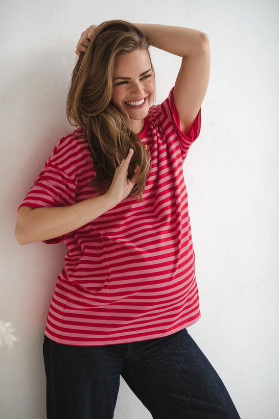 Mamahood Těhotenské a kojící tričko Milk&Love červeno-růžové pruhy - pohodlné a stylové