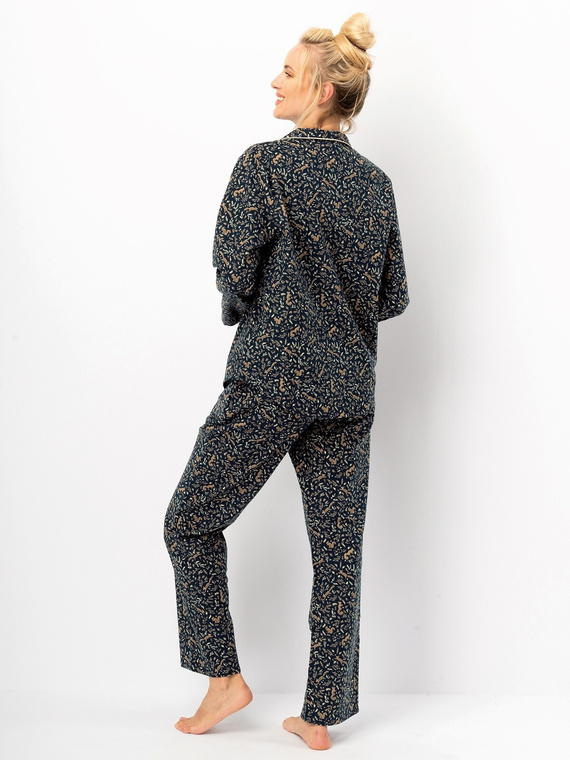 Dámské pyžamo Key LNS 706 navy blue - bavlněný flanel, dlouhý rukáv, knoflíky