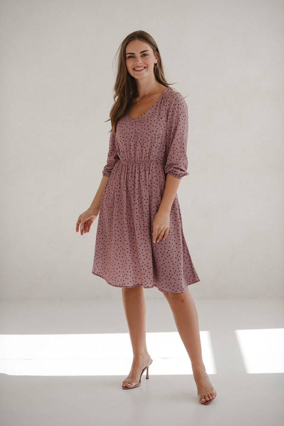 Lovely Dress sukienka ciążowa i do karmienia rękaw 3/4 Milk&Love liliowa w czarne groszki
