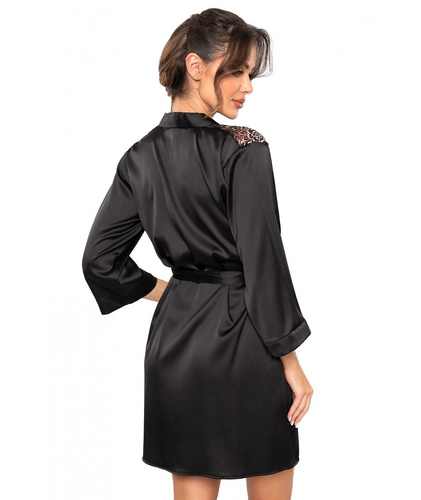 Sabrina Donna černý župan - saténové negližé s krajkou, zavazování v pase