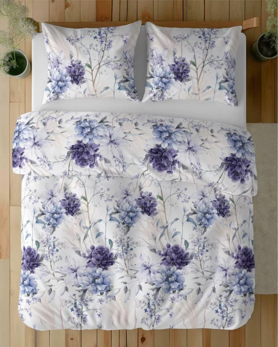 5222 A Pościel satynowa akwarelowe kwiaty w odcieniach lawendy Detexpol
