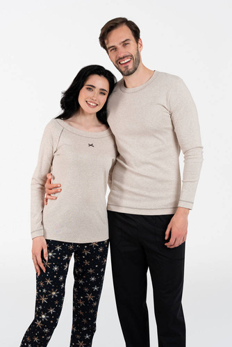 Denali Dámské pyžamo s dlouhým rukávem a dlouhými kalhotami Italian Fashion - béžová melanž/potisk