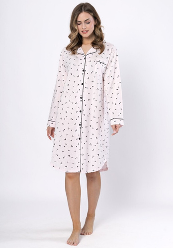 Noční košile Laveza Angela 1619 - světle růžová, bavlna, dlouhý rukáv, zapínání na knoflíky