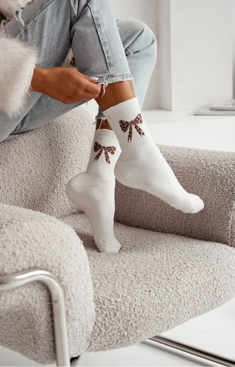 0118-014 Dámské froté ponožky Milena ecru - bavlněné, s mašlí, hřejivé