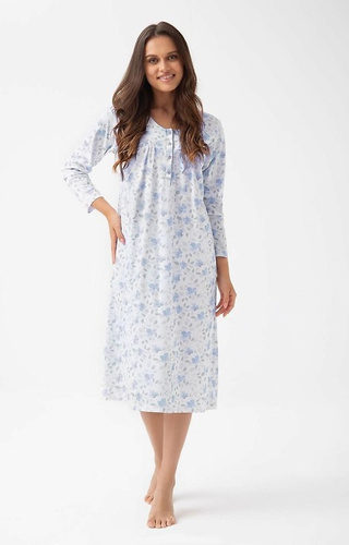 338 Noční košile Luna modrá - bavlněná s květinovým vzorem, dlouhá s knoflíky