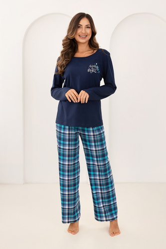 Dámské pyžamo Regina 743 tmavě modré - bavlna, délka. rukávy, potisk, kostkované kalhoty