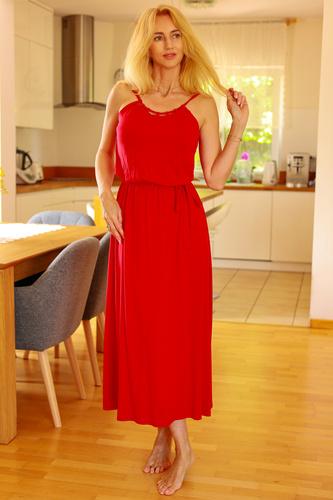 Grace Mirale - Dlouhé viskózové šaty s rozparkem | Polská výroba - červená