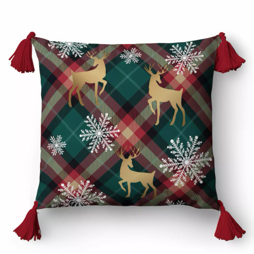 5381 Vánoční dekorační povlak na polštářek Christmas Deco Detexpol sobi a sněhové vločky na mřížkovaném pozadí - zip