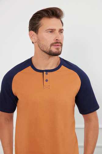 Alexander Pánské pyžamo s krátkým rukávem, dlouhé kalhoty Italian Fashion - koňaková/granátová