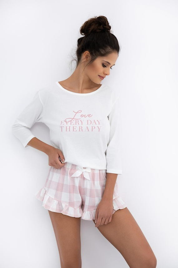 Emily Sensis - Dámské bavlněné pyžamo | 3/4 tričko a kostkované šortky s volánkem