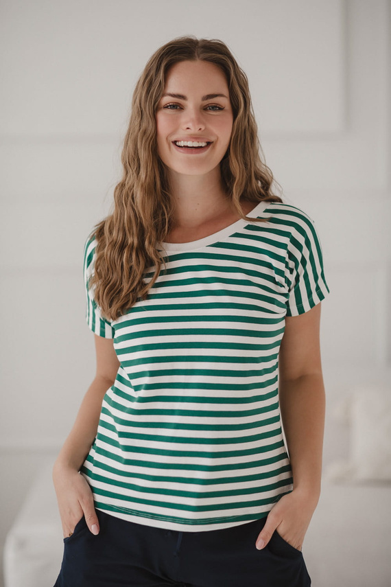 Těhotenská a kojící halenka na dva způsoby | Krátký rukáv, pohodlné zelené a bílé pruhy Milk&Love