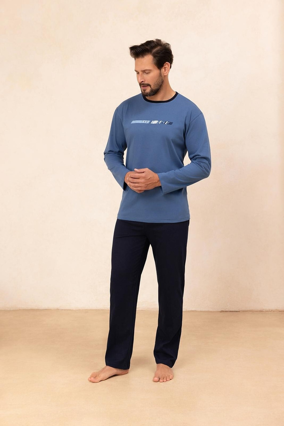 Regina 494 navy blue - pánské bavlněné pyžamo s dlouhým rukávem, klasický střih