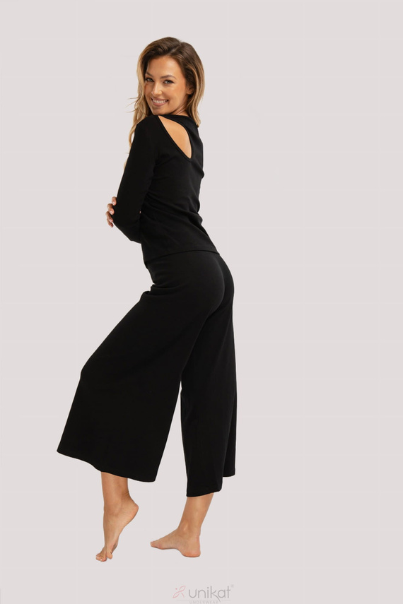 Zenové pyžamo černé - elegantní bavlněné pyžamo s dlouhými rukávy, 7/8 dlouhé kalhoty
