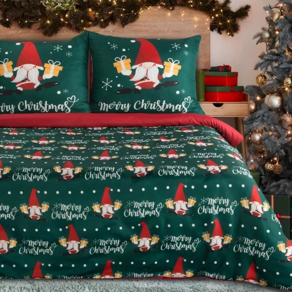 Vánoční povlečení Galdor z mikrovlákna Eurofirany zeleno-červení skřítci - měkké, lehké a snadno udržovatelné, se zapínáním na zip