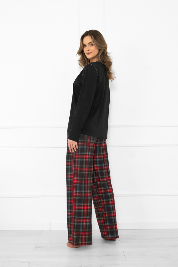 Italská móda dámské pyžamo tmavě melanžové, bavlna, dlouhý rukáv a kalhoty, kostkované
