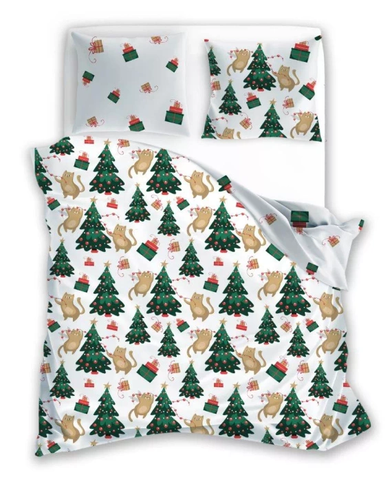 Holly Jolly 005 Vánoční povlečení Faro bílozelené vánoční stromky - saténové mikrovlákno, sada na zip
