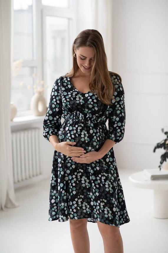 Lovely Dress Midi sukienka ciążowa i do karmienia rękaw 3/4 Milk&Love w listki eukaliptusa