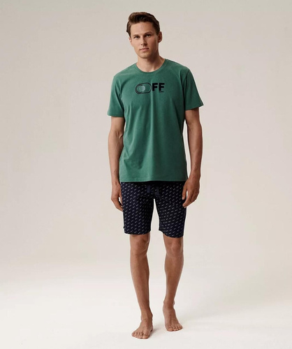 Pánské pyžamo NMP-395 - zelená a tmavě modrá bavlna, krátký rukáv, lehké a pohodlné na léto