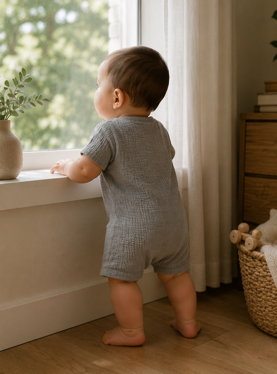 RA55207 Mamatti mušelínový šedý overal s dřevěnými knoflíky na léto