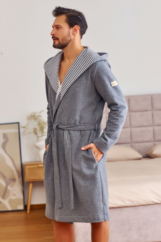 7230 Pánský župan Doctor Nap - bavlna, kapuce, elegantní lemování - tmavě šedý