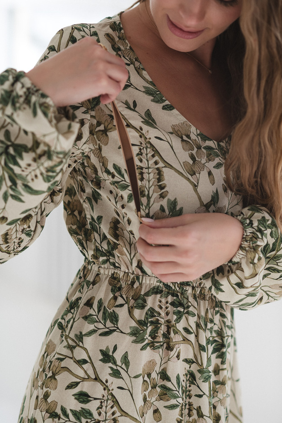 Krásné šaty Midi Milk&Love v zelených květech - těhotenské a kojící šaty ze lnu, elegantní střih s kojícími zipy